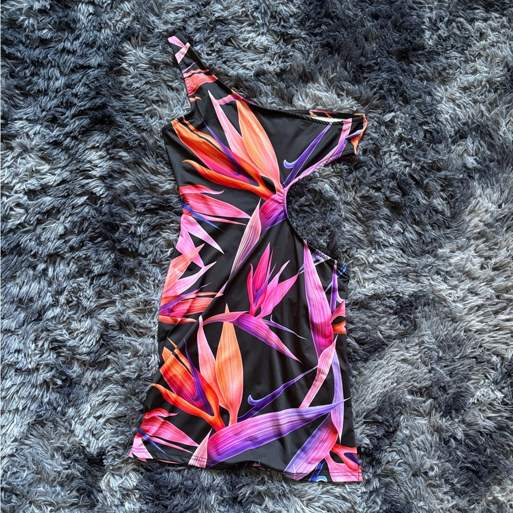 SHEIN Tropical One-Shoulder Cutout Mini Dress – Size Small (EU 36 / US 4)